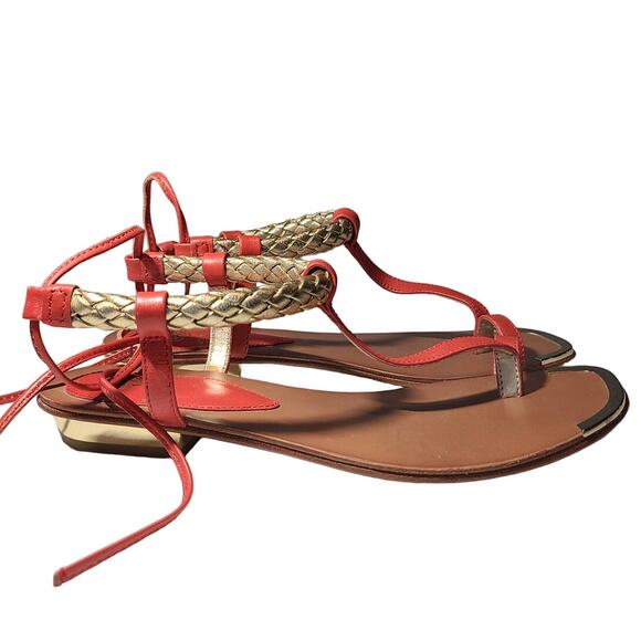 Isola Coral Orange Cleopatra Gold Braided Tie Back Thong Sandals Women's 6 - Picture 2 of 10
